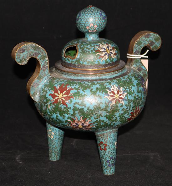 A Chinese cloisonne enamel ding censer and cover, late 19th / early 20th century, height 26cm